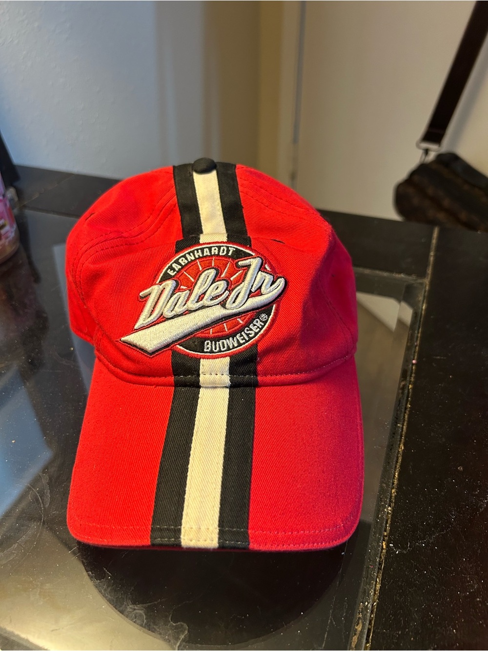 Red Dale Earnhardt Jr. Cap with Black & White Racing Stripe